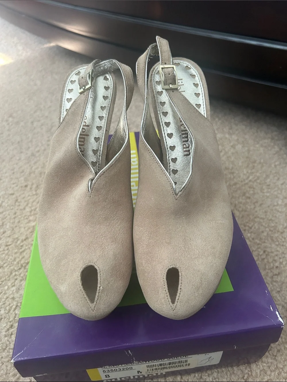 libby. edelman Taupe Suede Peep-Toe Slingback Heels